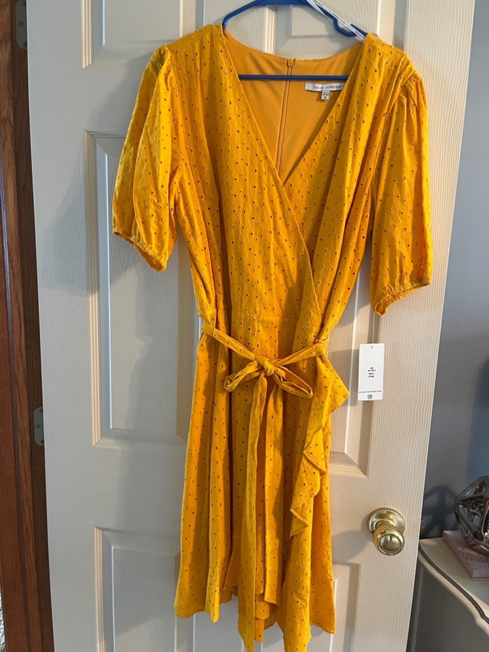 julia jordan Mustard Yellow Eyelet Wrap Midi Dress